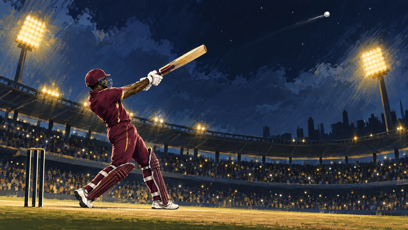 Conceptual illustration of a fictional maroon-uniform cricket batter playing a lofted shot under floodlights.