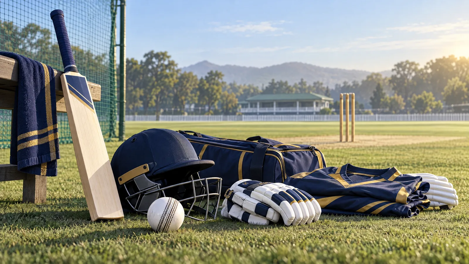 Conceptual white ball, bat and navy helmet beside a practice wicket