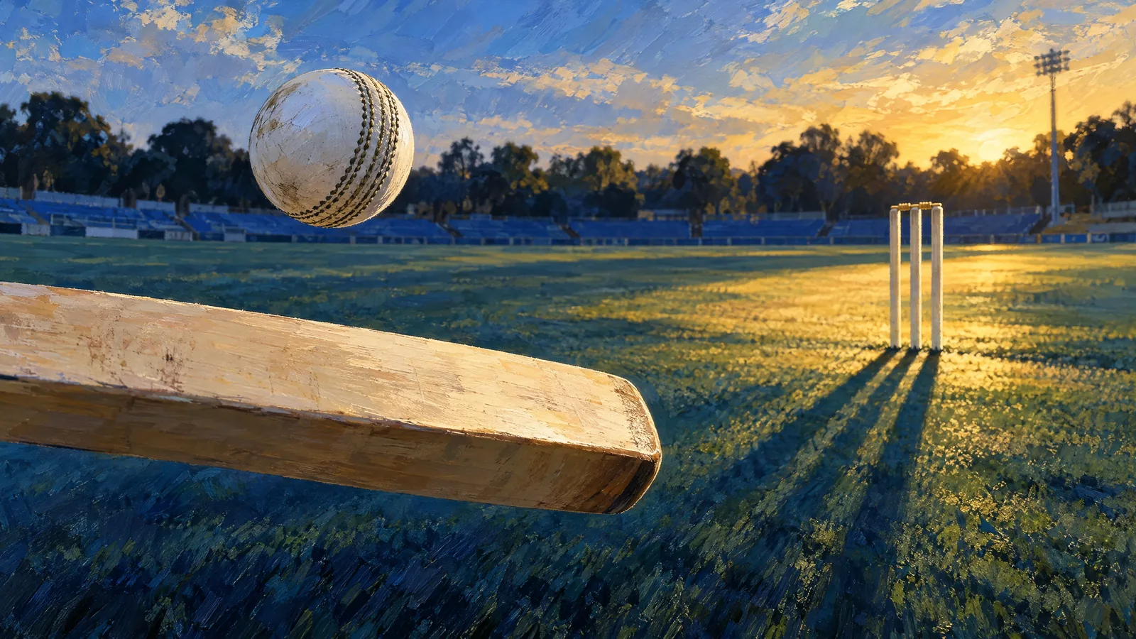 Conceptual editorial illustration of a white cricket ball above an angled bat with distant cream stumps and gold light across a blue domestic oval.