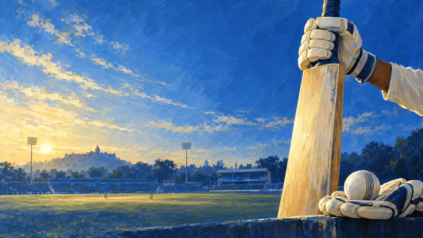 Conceptual editorial illustration of a vertical cricket bat, cream glove and white ball against a blue domestic-ground setting.