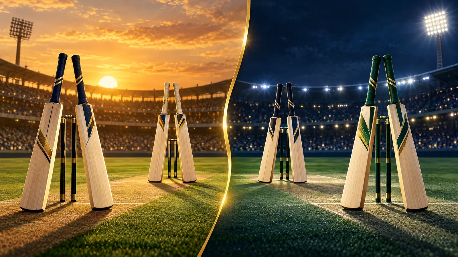 Conceptual afternoon and evening cricket grounds side by side, without real team marks