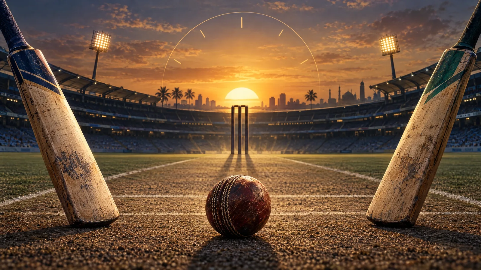 Conceptual sunset cricket crease, two empty bats and ball, without real people or ground details