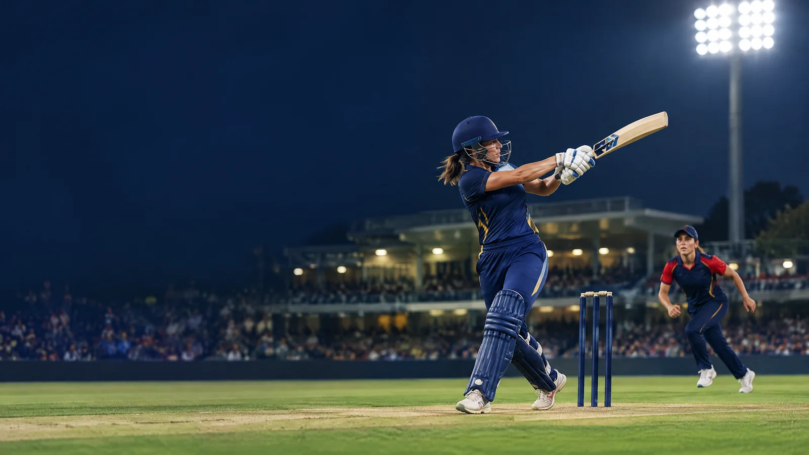 Generic women cricketers batting and fielding under stadium lights