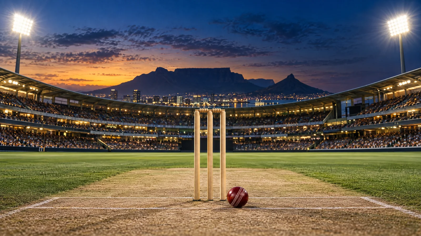 Original illustration of a cricket ball and wicket under floodlights with a generic Cape Town-inspired skyline