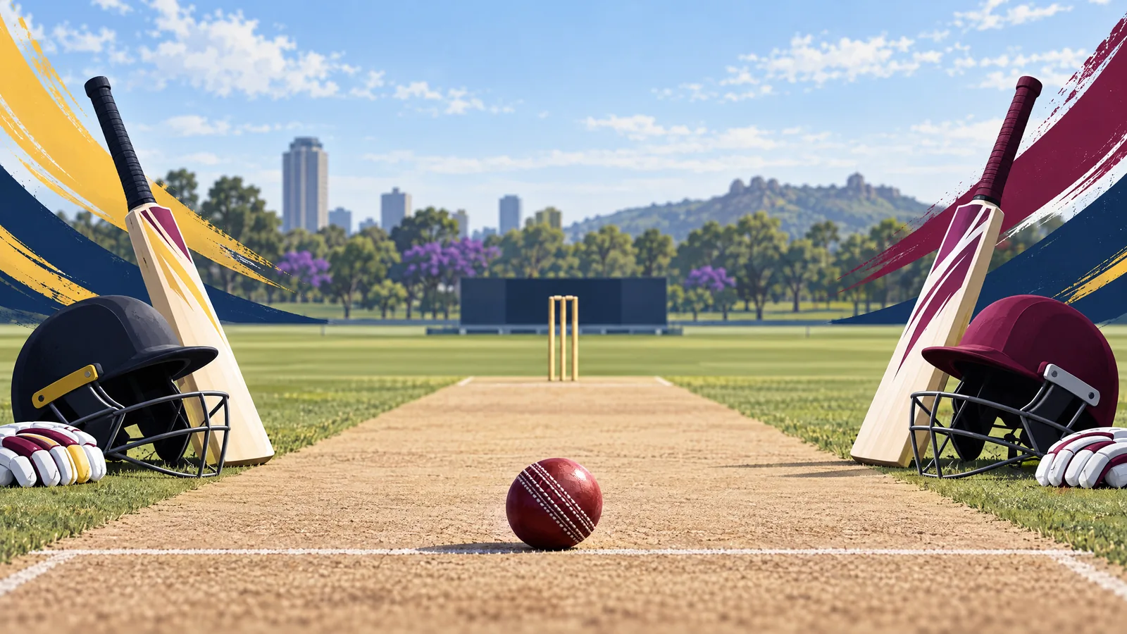 Generic sunlit cricket pitch with empty helmets and bats in gold and maroon accents